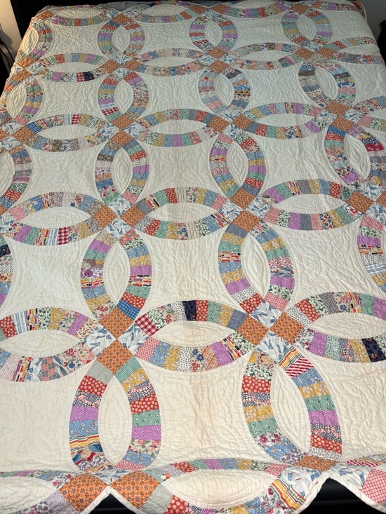 Handmade Other - Vintage 1930s Handmade Double Wedding Ring Pattern Quilt (86" x 88") Cottagecore